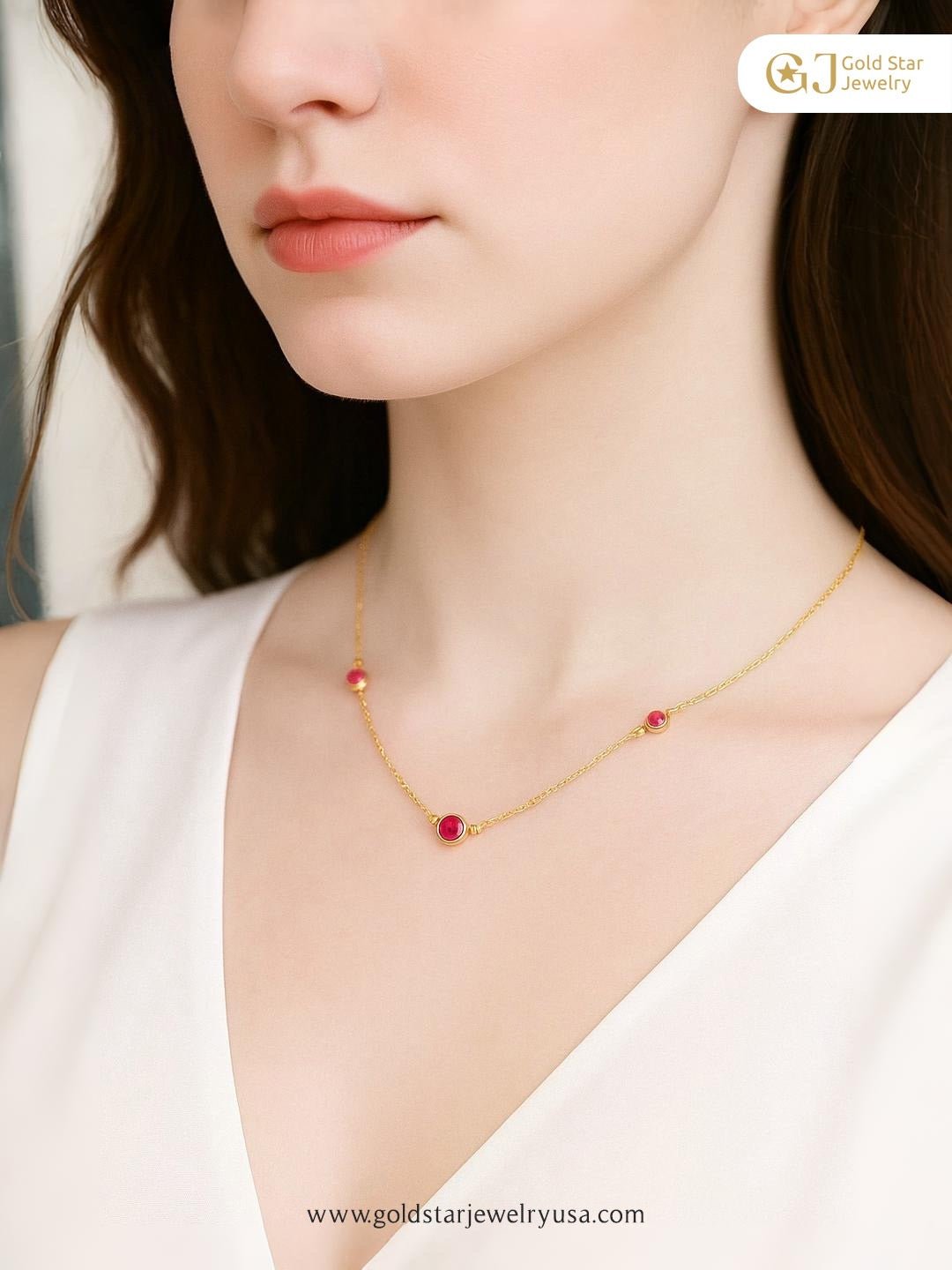 Ruby Necklace 5 Stones 14KY - Gold Star Jewelry